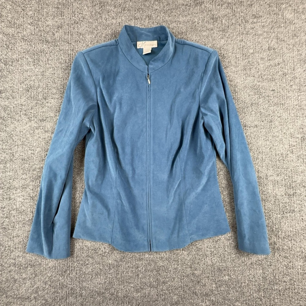 VTG Dressbarn Jacket Womens Small Blue Microfiber Full Zip Collared Stretch